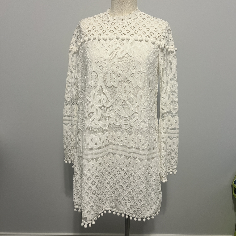 White Lace Pom Pom Trim Shift Dress